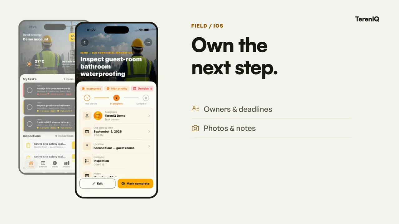TerenIQ iPhone app with site tasks and priority cards