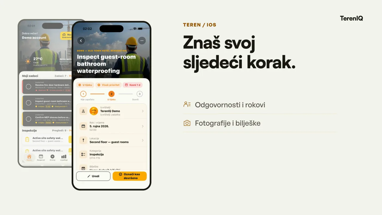 TerenIQ iPhone aplikacija sa zadacima na gradilištu i karticama prioriteta