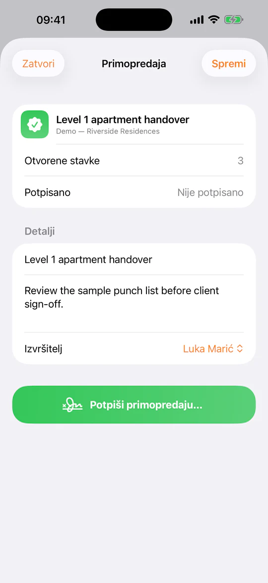 Prikaz primopredaje u iPhone aplikaciji TerenIQ s otvorenim stavkama i statusom potvrde