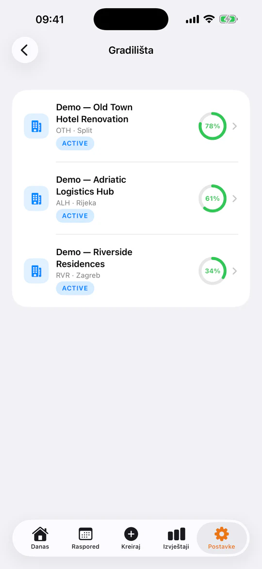 Prikaz gradilišta u iPhone aplikaciji TerenIQ s tri aktivna gradilišta i napretkom