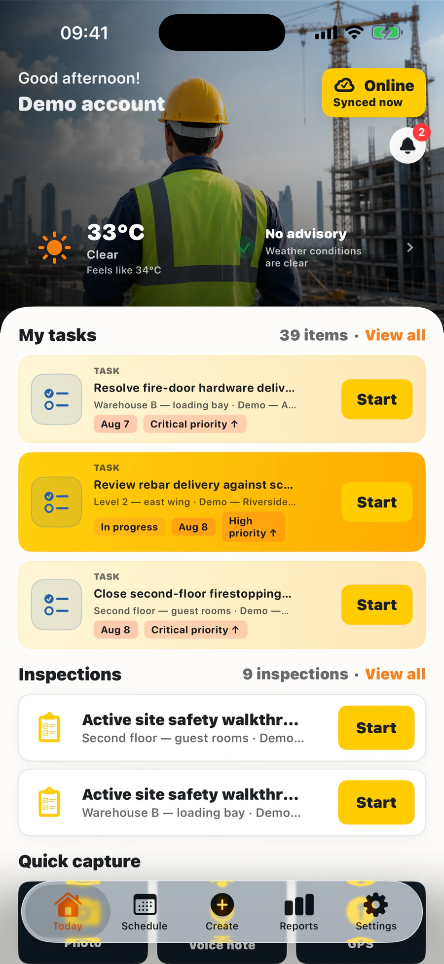 The TerenIQ iPhone app Today screen with weather and assigned work