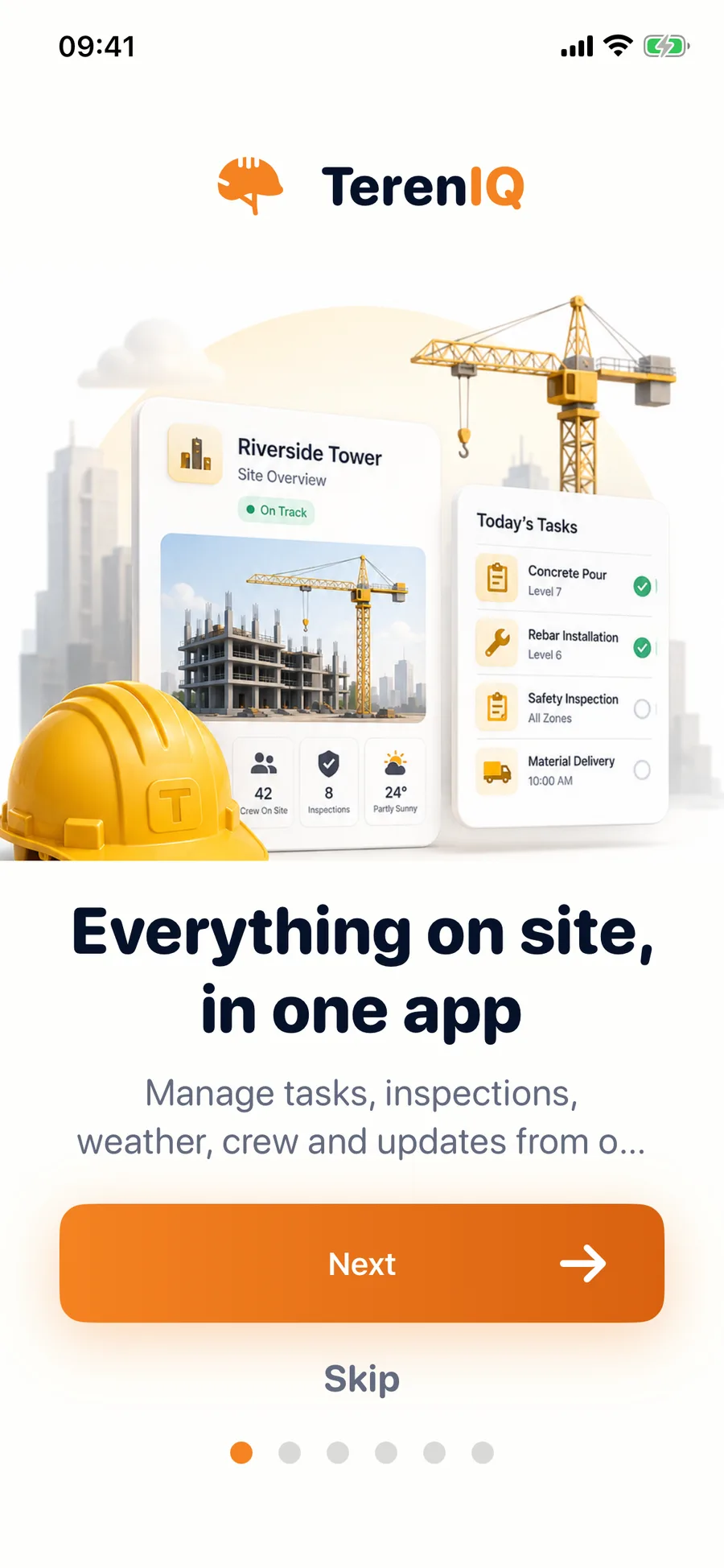 The TerenIQ iPhone app welcome screen: everything on site, in one app