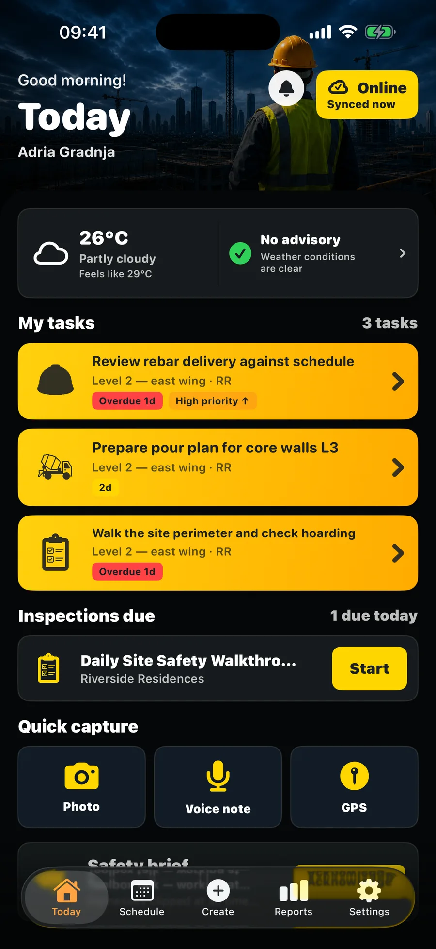 The TerenIQ iPhone app Today screen: weather, my tasks and an inspection due today