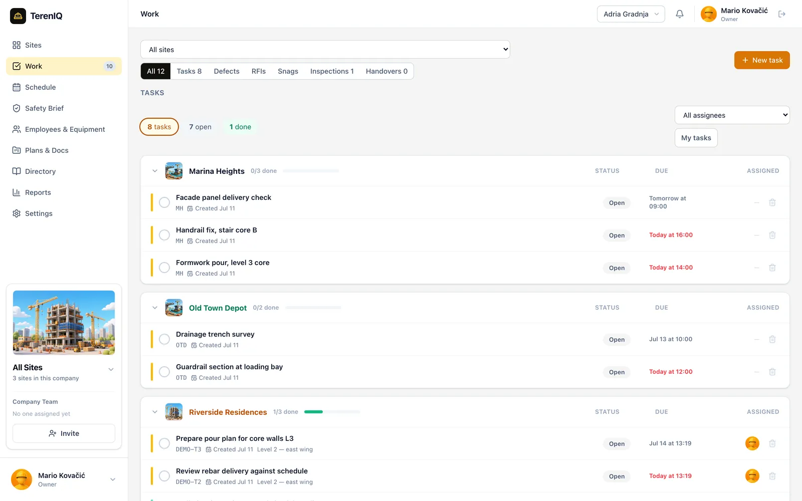The Work queue in the TerenIQ web app: tasks grouped by site with status and due dates